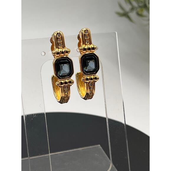 Swarovski Swan Vintage Gold Tone Pave Blue Bezel Crystal Half Hoop Clip Earring - Picture 2 of 8